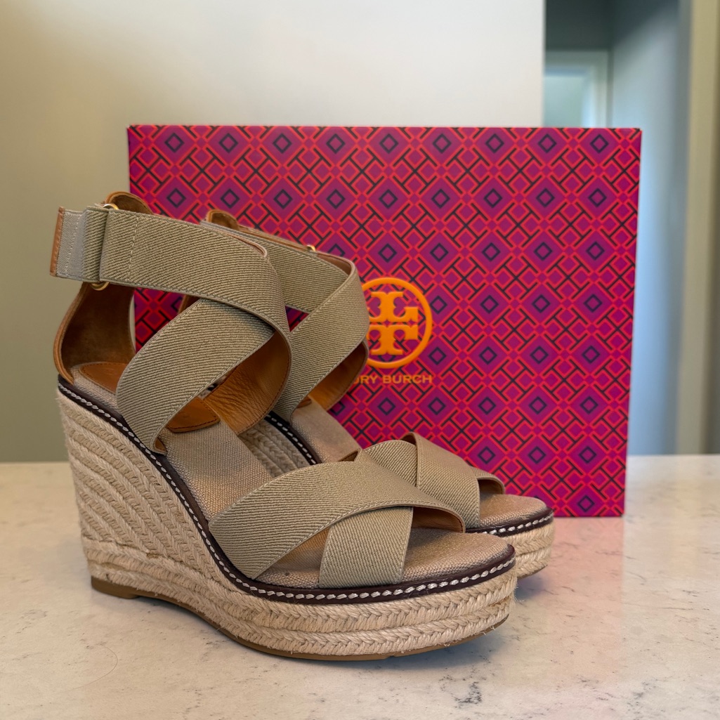 Tory Burch Neutral Beige Espadrille Platform Wedge Sandals
